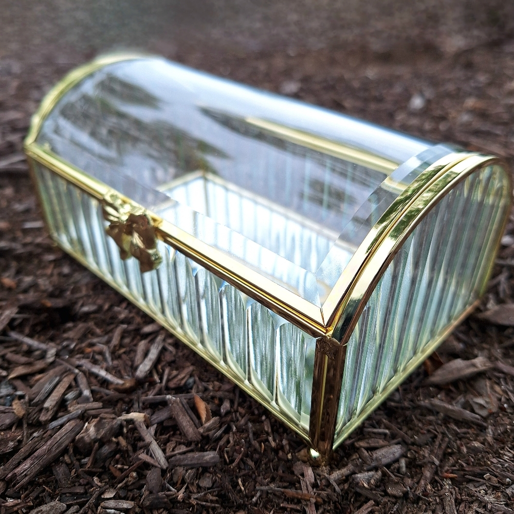 Glass Display Box Gold Metal Jewelry Box Holder Casket Stained Glass Case - Picture 10 of 17